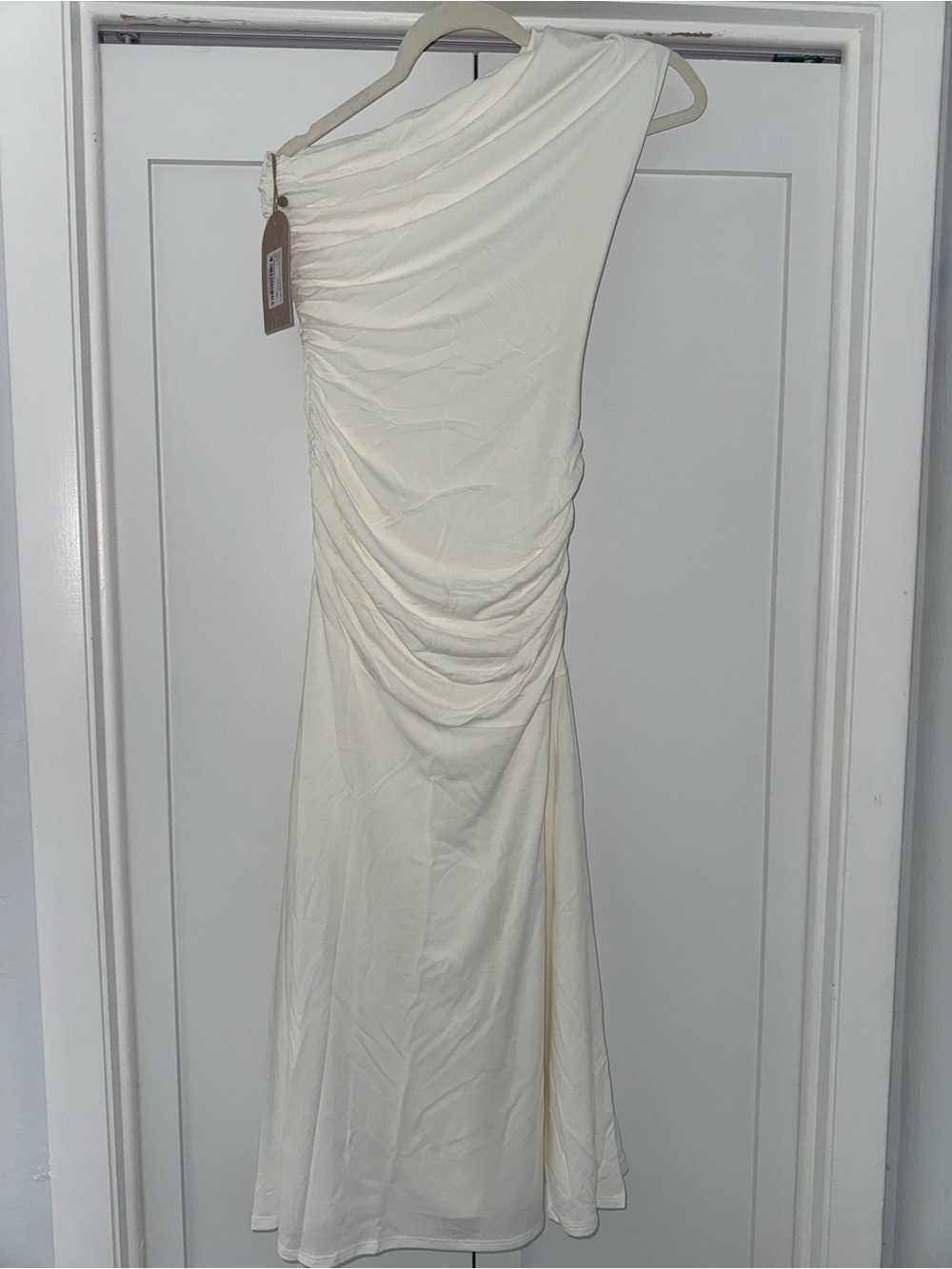 Meshki One-Shoulder Cream Ruched Midi Dress